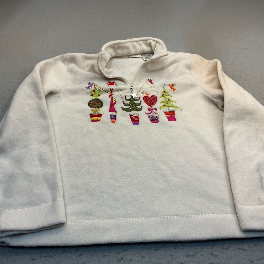 White Stag Vintage Fleece Pullover Christmas Tree Embroidery Ivory Size M 8/10